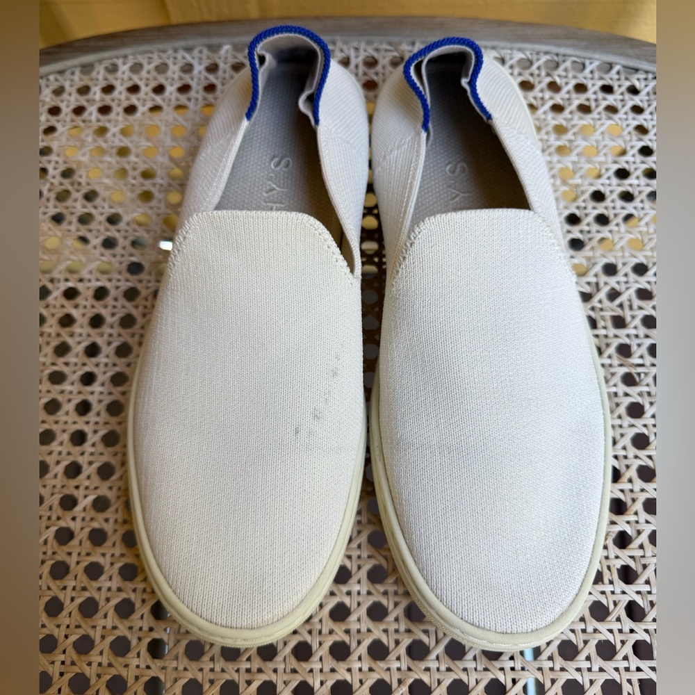 Rothy's White Canvas Slip-On Sneakers with Blue Heel Tab